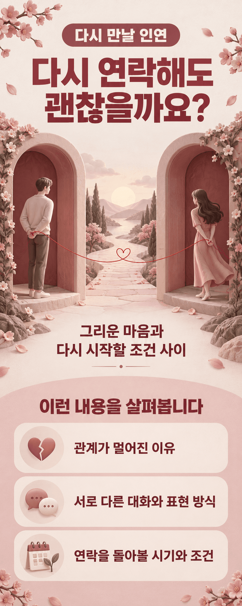 다시 만날 인연. 다시 연락해도 괜찮을까요?. 그리운 마음과 다시 시작할 조건 사이. 이런 내용을 살펴봅니다. 관계가 멀어진 이유. 서로 다른 대화와 표현 방식. 연락을 돌아볼 시기와 조건
