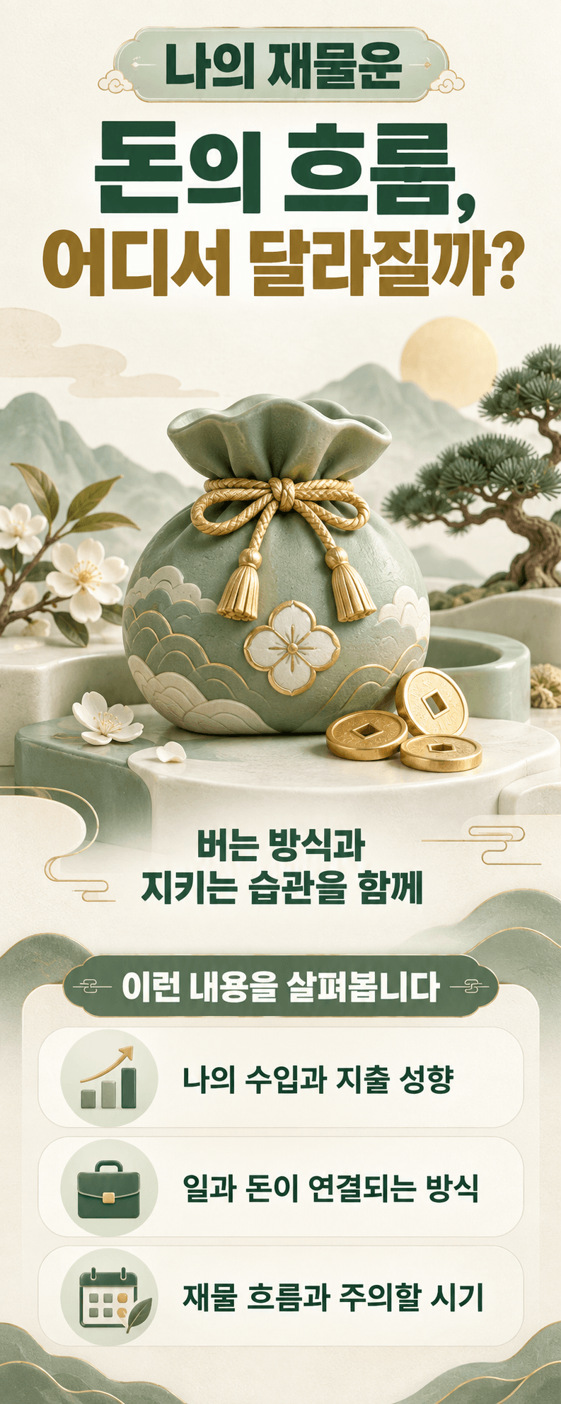 나의 재물운. 돈의 흐름, 어디서 달라질까?. 버는 방식과 지키는 습관을 함께. 이런 내용을 살펴봅니다. 나의 수입과 지출 성향. 일과 돈이 연결되는 방식. 재물 흐름과 주의할 시기